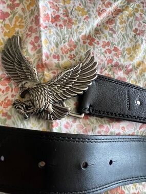 All Saints Black Leather Belt with Silver Eagle Buckle